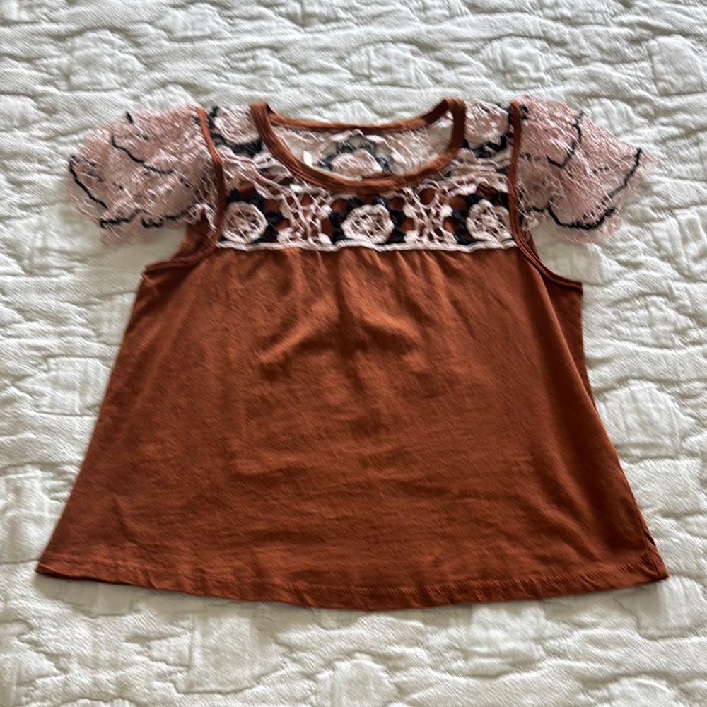 Brown and Pink Short Sleeve Tee with Embroidered Yoke